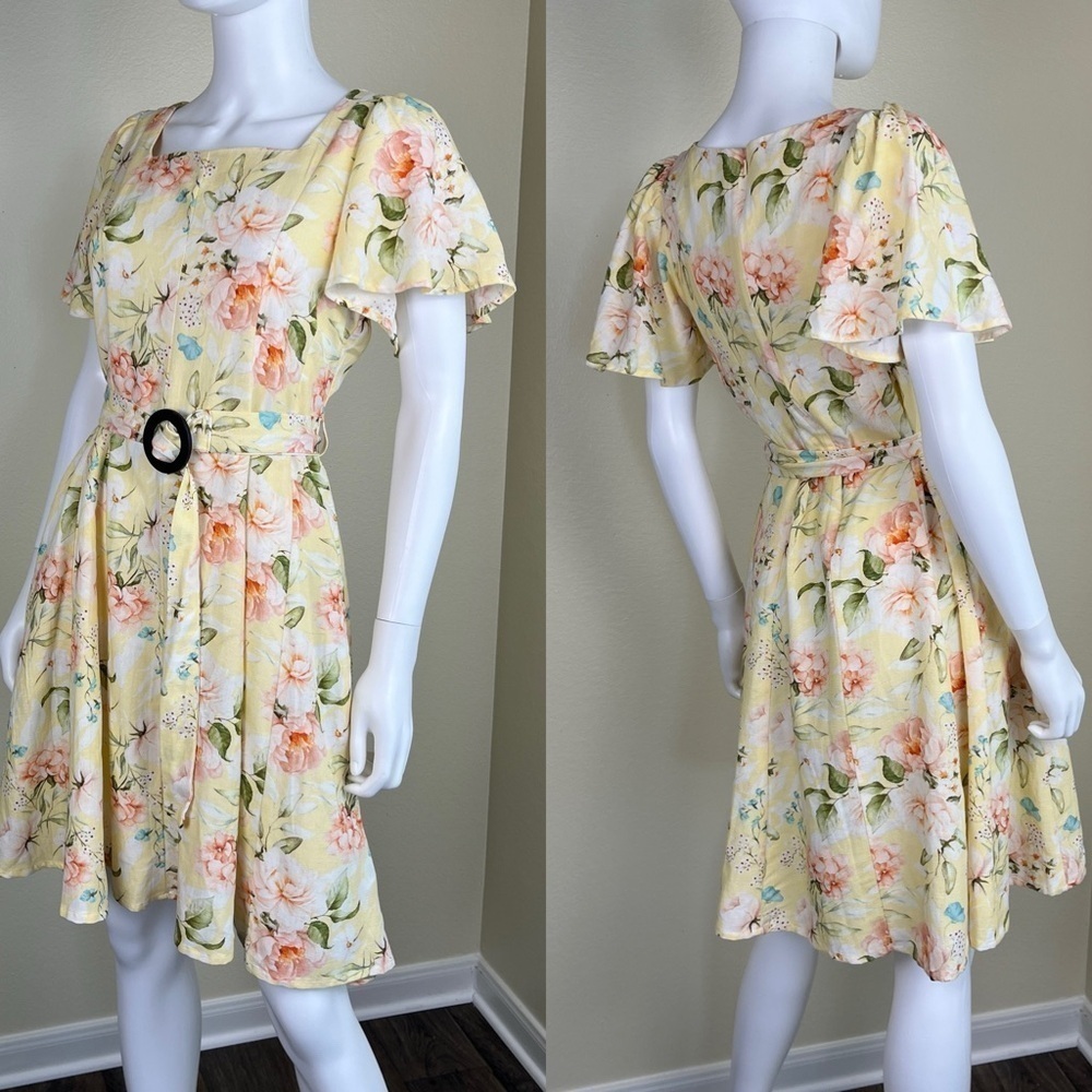 Code By Lifestyle Women’s Size 12 Yellow Floral Linen Cotton Fit & Flare Dress
